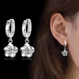 925 Silver Crystal Plum Flower Drop Earrings Women's Jewelry