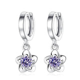 925 Silver Crystal Plum Flower Drop Earrings Women's Jewelry