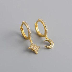 925 Silver Star & Moon Crystal Zircon Hoop Earrings