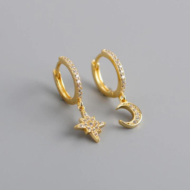 925 Silver Star & Moon Crystal Zircon Hoop Earrings