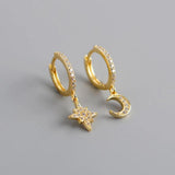 925 Silver Star & Moon Crystal Zircon Hoop Earrings