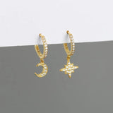 925 Silver Star & Moon Crystal Zircon Hoop Earrings