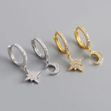 925 Silver Star & Moon Crystal Zircon Hoop Earrings
