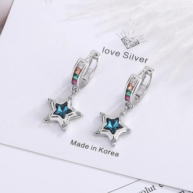925 Silver Star Crystal Stud Earrings Women's Jewelry Accessory