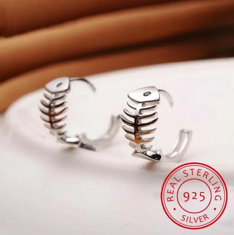 925 Silver Fish Bones Hoop Earrings for Women's Eur Clock