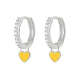 Silver Hoop Earrings with Neon Enamel Heart Charm Drop for Girls