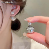 925 Silver Stud Earrings Double Side Pearls Zircon