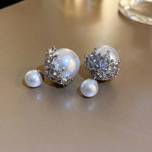 925 Silver Stud Earrings Double Side Pearls Zircon