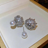 925 Silver Stud Earrings Double Side Pearls Zircon