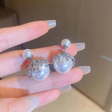 925 Silver Stud Earrings Double Side Pearls Zircon