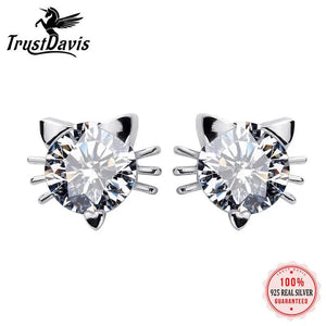 925 Sterling Silver Tiny Cat CZ Stud Earrings Silver Jewelry Gift