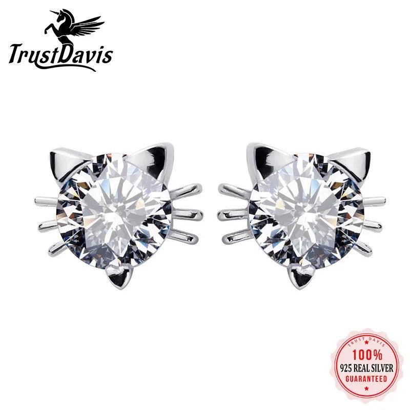 925 Sterling Silver Tiny Cat CZ Stud Earrings Silver Jewelry Gift
