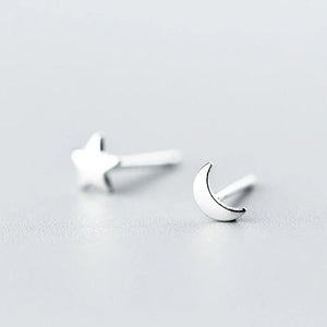 Star Moon 925 Silver Asymmetrical Stud Earrings for Women