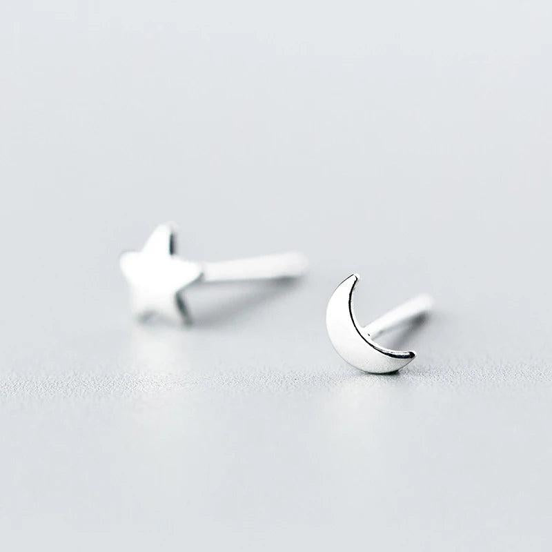 Star Moon 925 Silver Asymmetrical Stud Earrings for Women