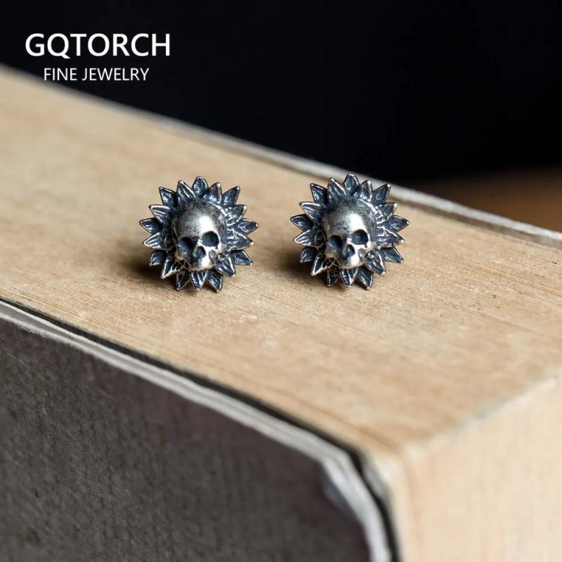 925 Silver Skeleton Earrings Sunflower Shape Gothic Punk Style