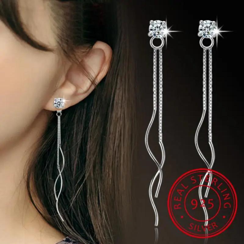 925 Silver Tassel Earrings CZ Brincos Long S-E173
