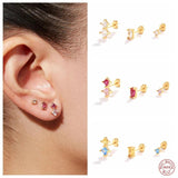 925 Silver Red Zircon Stud Earrings Set, Piercing Ear Studs