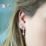 925 Silver CZ Cross Pendant Hoop Earrings Light Pave Crystal Jewelry