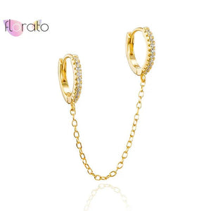 925 Silver Double Piercing Hoop Earrings Crystal Tassel Bohemia Jewelry