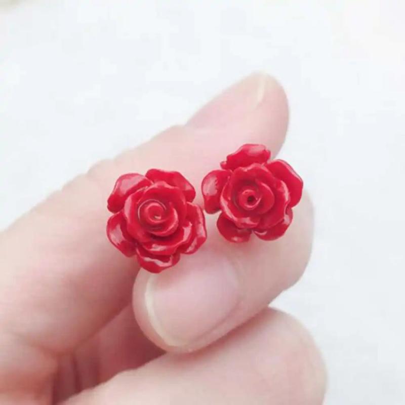 Red Coral Rose Earrings 925 Silver Needle Aquaculture Mother's Wedding Gift