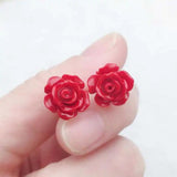 Red Coral Rose Earrings 925 Silver Needle Aquaculture Mother's Wedding Gift
