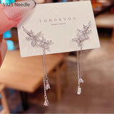 925 Silver Long Dangle Drop Earrings Cubic Zircon Leaf Tassel