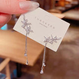 925 Silver Long Dangle Drop Earrings Cubic Zircon Leaf Tassel