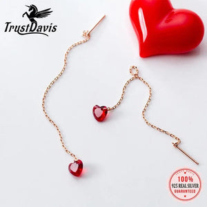 Trustdavis 925 Silver Rose Tassel Red Heart Earrings For Women