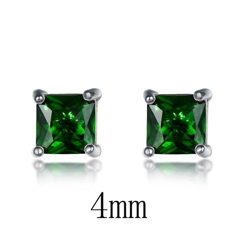 Green Square Stud Earrings 100% Real Sterling Silver 4/5/6/7mm