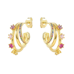Silver Rainbow Claw Flower Stud Earrings Colorful Zircon Piercing Jewelry