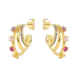 Silver Rainbow Claw Flower Stud Earrings Colorful Zircon Piercing Jewelry