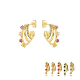 Silver Rainbow Claw Flower Stud Earrings Colorful Zircon Piercing Jewelry