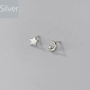 Davis 925 Silver Asymmetric Star Moon CZ Stud Earrings