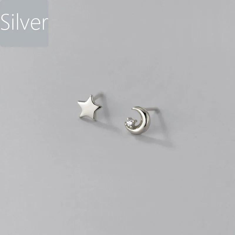 Davis 925 Silver Asymmetric Star Moon CZ Stud Earrings