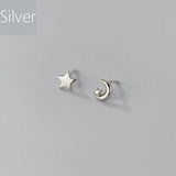 Davis 925 Silver Asymmetric Star Moon CZ Stud Earrings