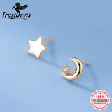 Davis 925 Silver Asymmetric Star Moon CZ Stud Earrings