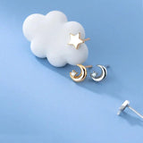 Davis 925 Silver Asymmetric Star Moon CZ Stud Earrings