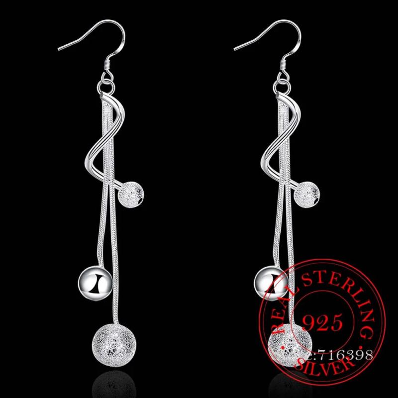 925 Silver Sand Smooth Ball Vintage Tassel Earrings Women Wedding Jewelry