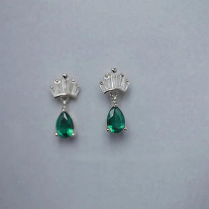 Silver Crown Stud Earrings Green Water Drop Zircon Small Earrings