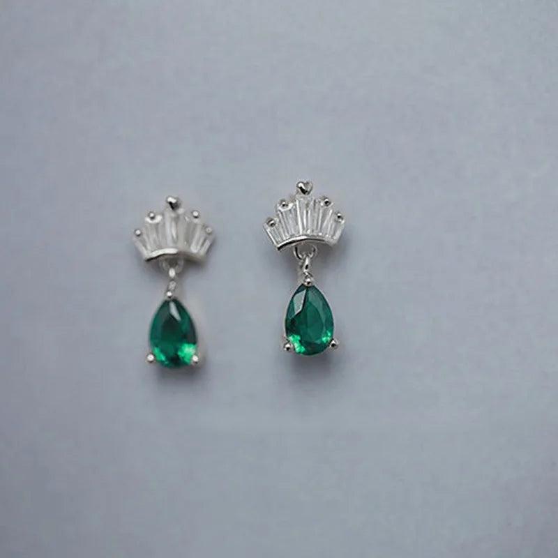 Silver Crown Stud Earrings Green Water Drop Zircon Small Earrings