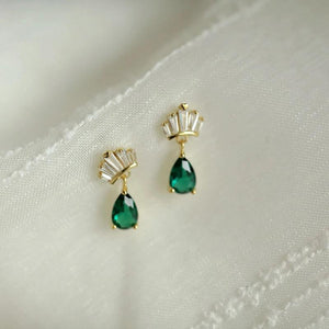 Silver Crown Stud Earrings Green Water Drop Zircon Small Earrings