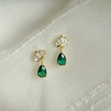 Silver Crown Stud Earrings Green Water Drop Zircon Small Earrings