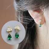 Silver Crown Stud Earrings Green Water Drop Zircon Small Earrings