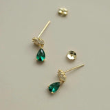 Silver Crown Stud Earrings Green Water Drop Zircon Small Earrings