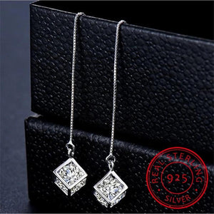 925 Silver Cube Love Window Zirconia Drop Earrings