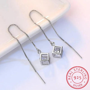 925 Silver Cube Love Window Zirconia Drop Earrings