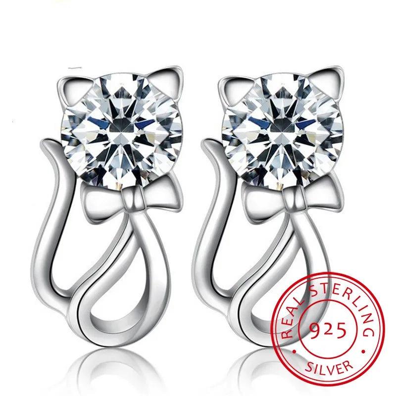 925 Sterling Silver CZ Kitty Cat Stud Earring