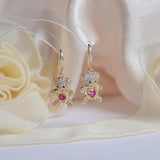 14k Plated Peach Heart Bear Earrings for Woman