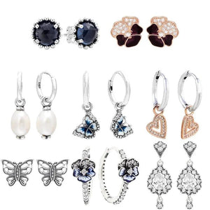 925 Silver Butterfly Pansy Flower Heart Pearl Earring