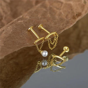 925 Silver Triangle Tassel Earrings Pearl Cartilage Stud